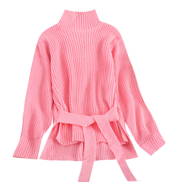 Alkalmi női pulóver magas pólógallérral és rózsaszín és bordó színű szalaggal