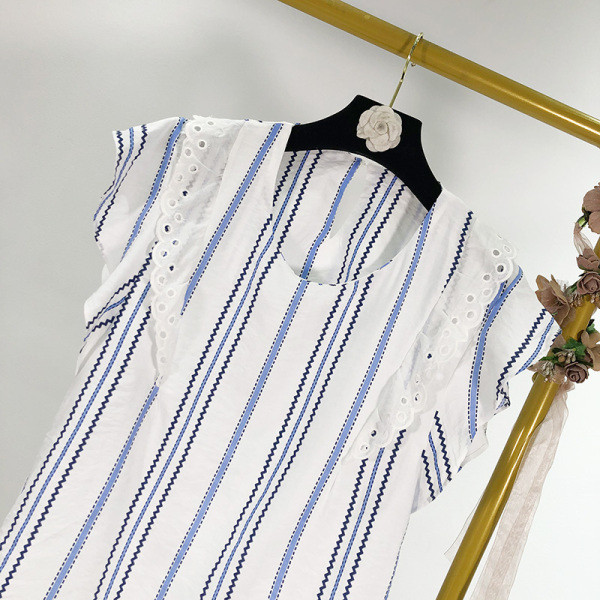 Casual Ριγέ Γυναικεία Μπλούζα με δαντέλα και κοντό μανίκι Lotus