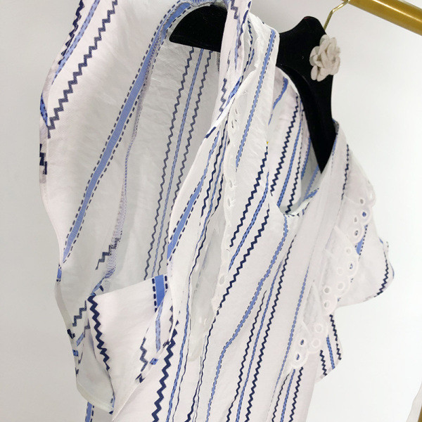 Casual Ριγέ Γυναικεία Μπλούζα με δαντέλα και κοντό μανίκι Lotus