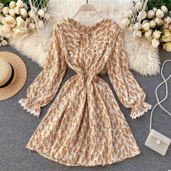 Rochie moderna de dama in patru culori cu motive florale si maneci lungi