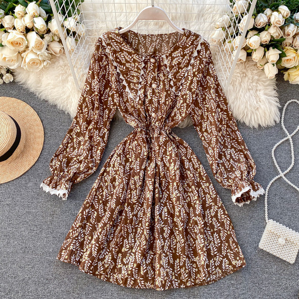 Rochie moderna de dama in patru culori cu motive florale si maneci lungi