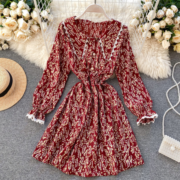 Rochie moderna de dama in patru culori cu motive florale si maneci lungi