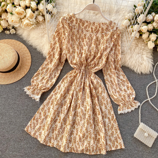 Rochie moderna de dama in patru culori cu motive florale si maneci lungi