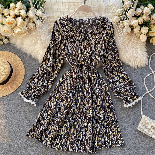 Rochie moderna de dama in patru culori cu motive florale si maneci lungi