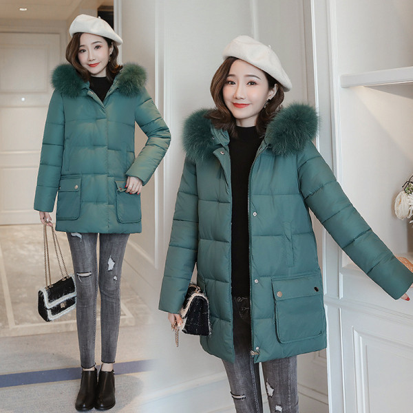 Női őszi-téli kabát kapucnival, fekete, piros, zöld és kék zsebekkel