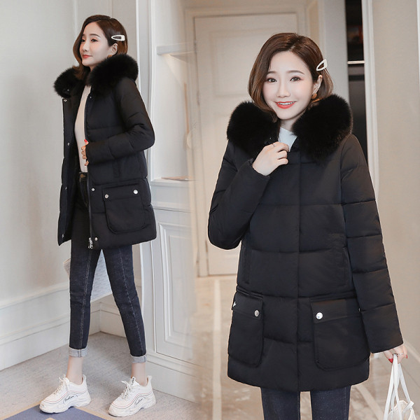 Női őszi-téli kabát kapucnival, fekete, piros, zöld és kék zsebekkel