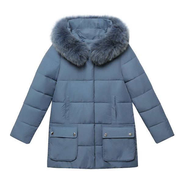 Női őszi-téli kabát kapucnival, fekete, piros, zöld és kék zsebekkel