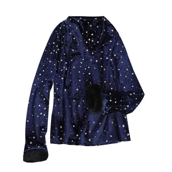 Stílusos női blúz bársonyból, ujjakkal kék és fekete színben