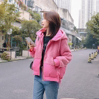 Μοντέρνο γυναικείο φθινόπωρο-χειμωνιάτικο μπουφάν με κουκούλα σε ροζ, πράσινο, μπλε, κίτρινο και λευκό χρώμα