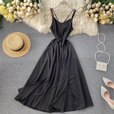 Rochie lunga de dama in cinci culori cu bretele subtiri si decolteu in V