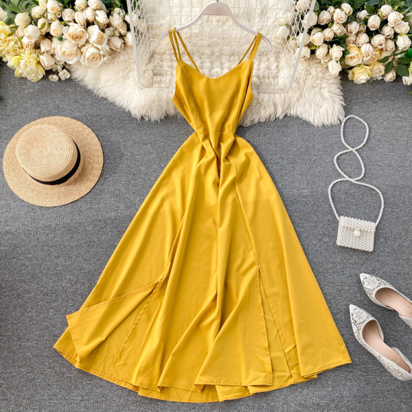 Rochie lunga de dama in cinci culori cu bretele subtiri si decolteu in V