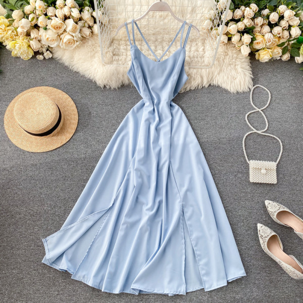 Rochie lunga de dama in cinci culori cu bretele subtiri si decolteu in V