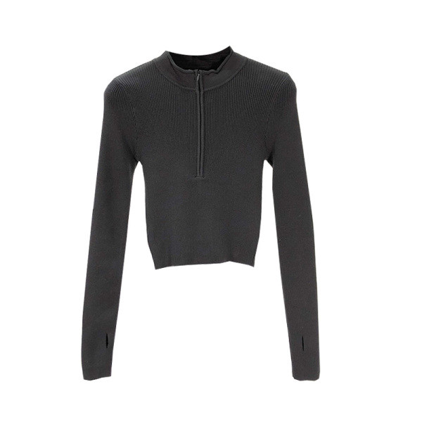 Rövid szabású, vékony kötésből készült pulóver félmagas gallérral, szürke, zöld, fehér és fekete cipzárral