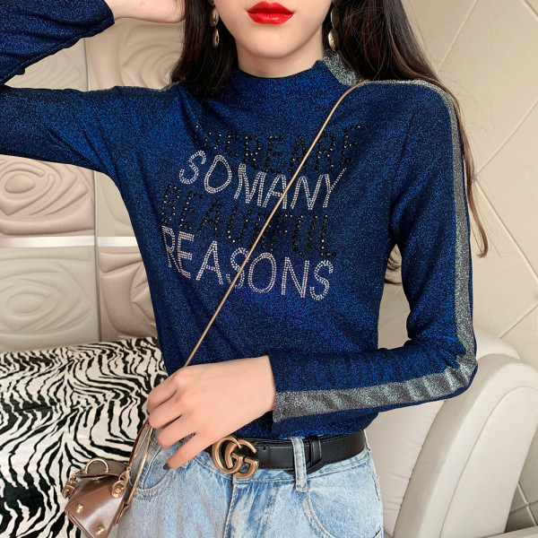 Modern női blúz kövekkel és magas gallérral, négy színben