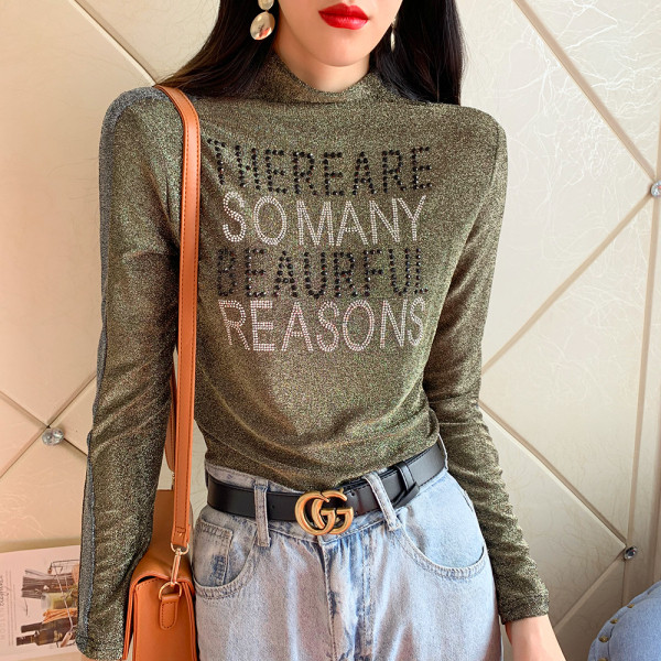 Modern női blúz kövekkel és magas gallérral, négy színben