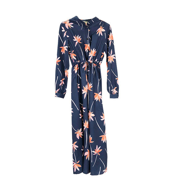 Μακρύ γυναικείο ανοιξιάτικο φόρεμα με κουμπιά και κορδόνια σε μπλε χρώμα  με floral πριντ