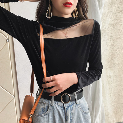 Bluză de damă modernă din catifea cu guler înalt și mâneci lungi în albastru, bej și negru