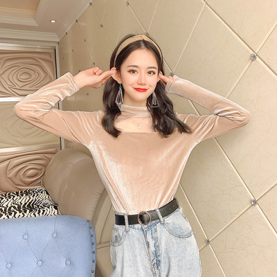 Bluză de damă modernă din catifea cu guler înalt și mâneci lungi în albastru, bej și negru