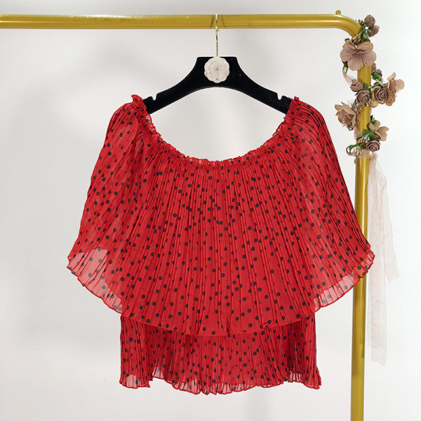 Rövid nyári tüll blúz piros színben, csupasz váll