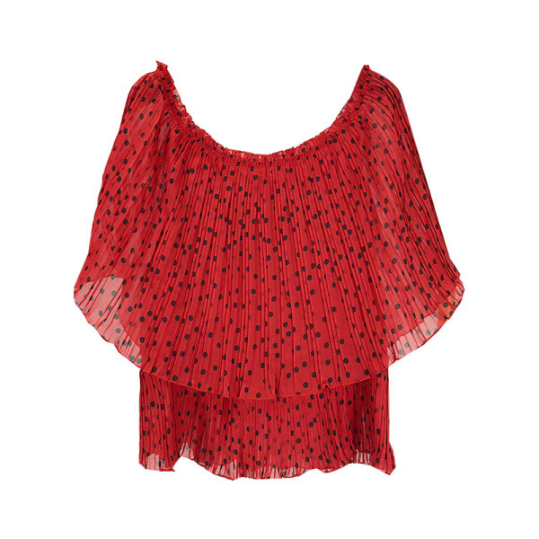 Rövid nyári tüll blúz piros színben, csupasz váll
