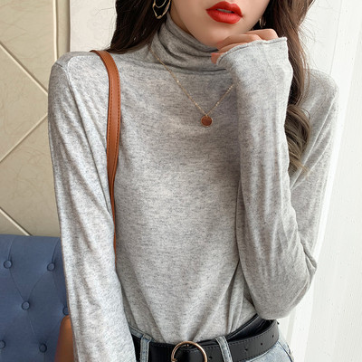 Modern női blúz vékony kötésből, magas gallérral és hosszú ujjú, különböző színekben