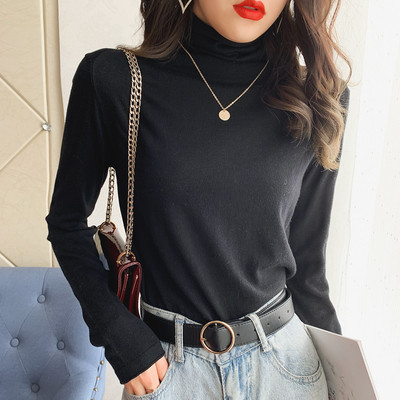 Modern női blúz vékony kötésből, magas gallérral és hosszú ujjú, különböző színekben