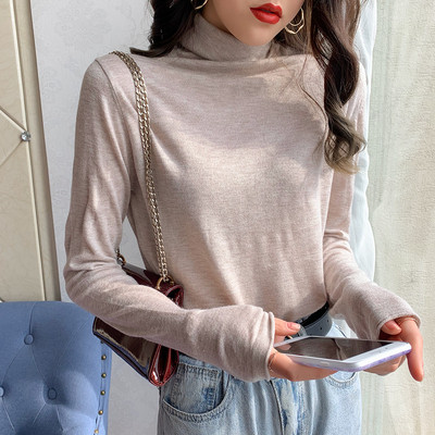 Modern női blúz vékony kötésből, magas gallérral és hosszú ujjú, különböző színekben