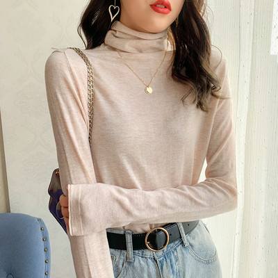 Modern női blúz vékony kötésből, magas gallérral és hosszú ujjú, különböző színekben