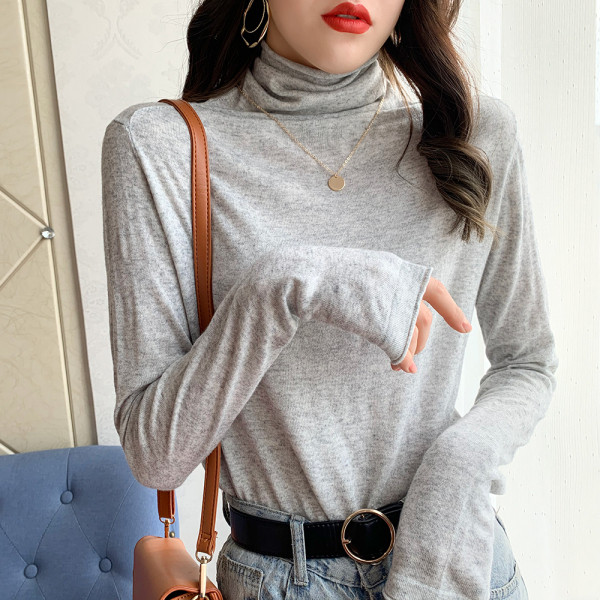 Modern női blúz vékony kötésből, magas gallérral és hosszú ujjú, különböző színekben