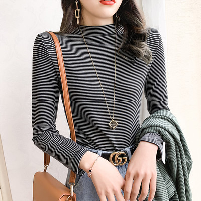 Modern női csíkos blúz magas gallérral és gombokkal, négy színben