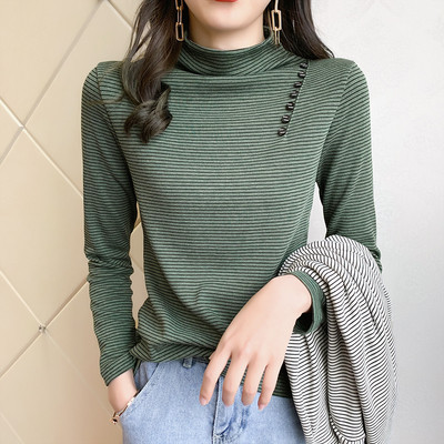 Modern női csíkos blúz magas gallérral és gombokkal, négy színben