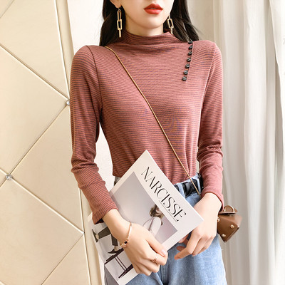 Modern női csíkos blúz magas gallérral és gombokkal, négy színben