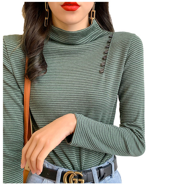 Modern női csíkos blúz magas gallérral és gombokkal, négy színben