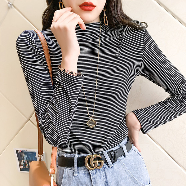 Modern női csíkos blúz magas gallérral és gombokkal, négy színben