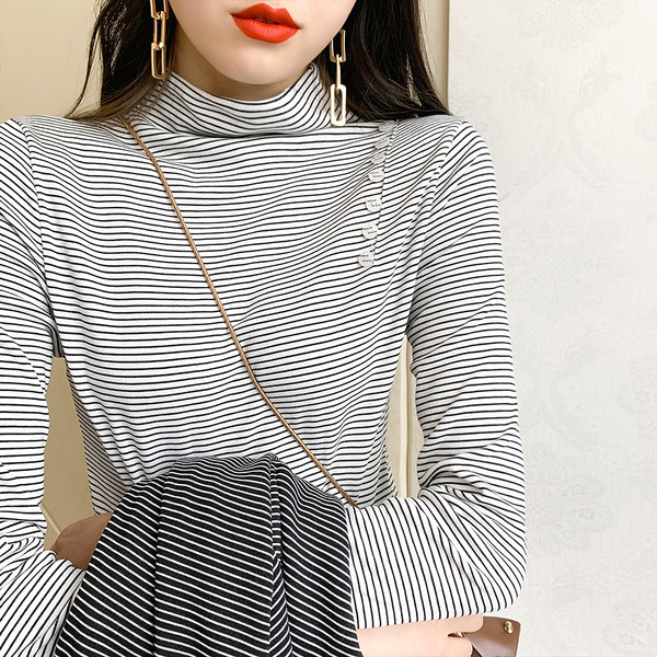 Modern női csíkos blúz magas gallérral és gombokkal, négy színben