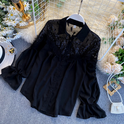 Női sifon ing fehér és fekete színben, flitterekkel és csipkével