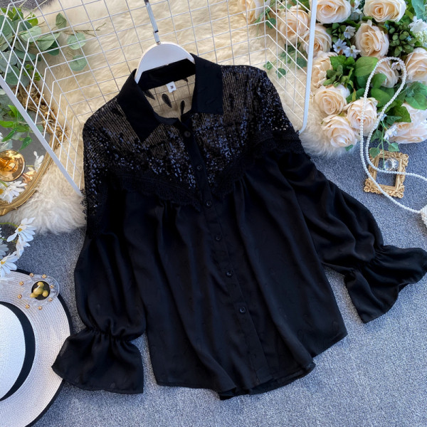 Női sifon ing fehér és fekete színben, flitterekkel és csipkével