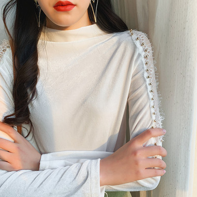 Modern női bársony blúz tüll ujjal és magas gallérral hat színben