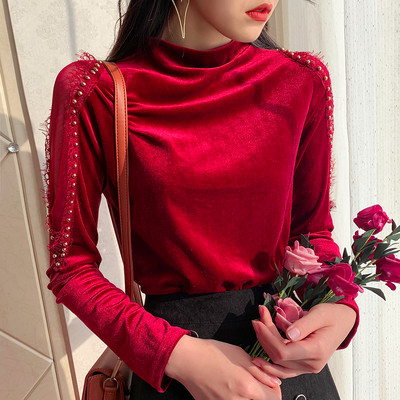 Modern női bársony blúz tüll ujjal és magas gallérral hat színben