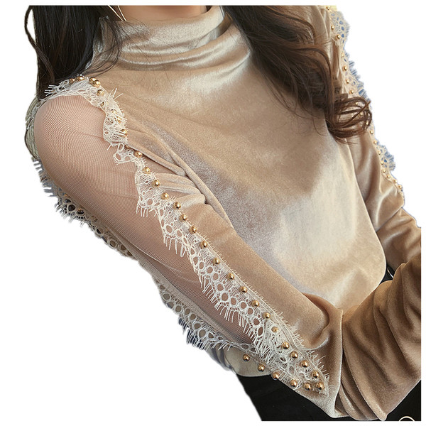 Modern női bársony blúz tüll ujjal és magas gallérral hat színben