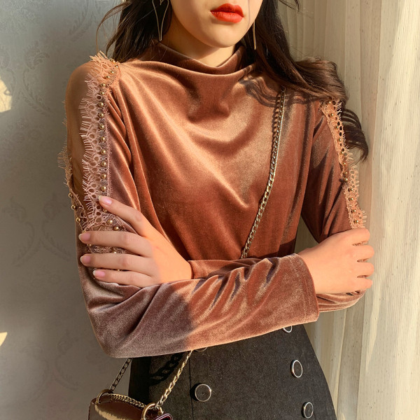 Modern női bársony blúz tüll ujjal és magas gallérral hat színben