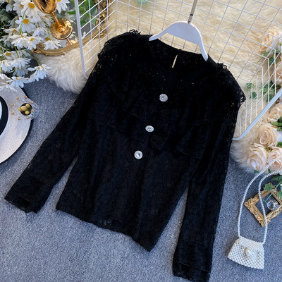 Cămașă de damă din dantelă în patru culori cu decolteu rotund și mâneci lungi