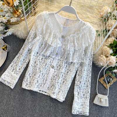 Cămașă de damă din dantelă în patru culori cu decolteu rotund și mâneci lungi