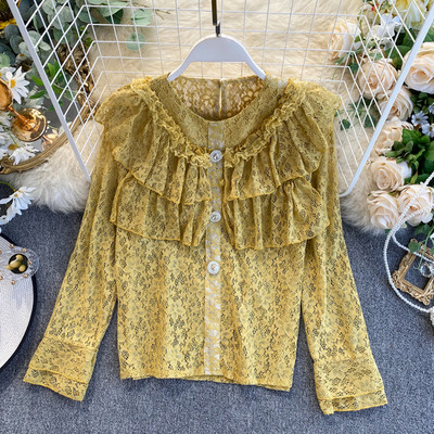 Cămașă de damă din dantelă în patru culori cu decolteu rotund și mâneci lungi