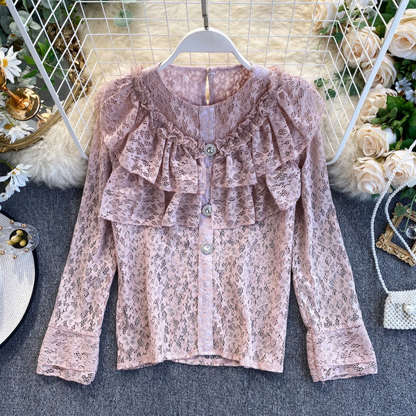 Cămașă de damă din dantelă în patru culori cu decolteu rotund și mâneci lungi