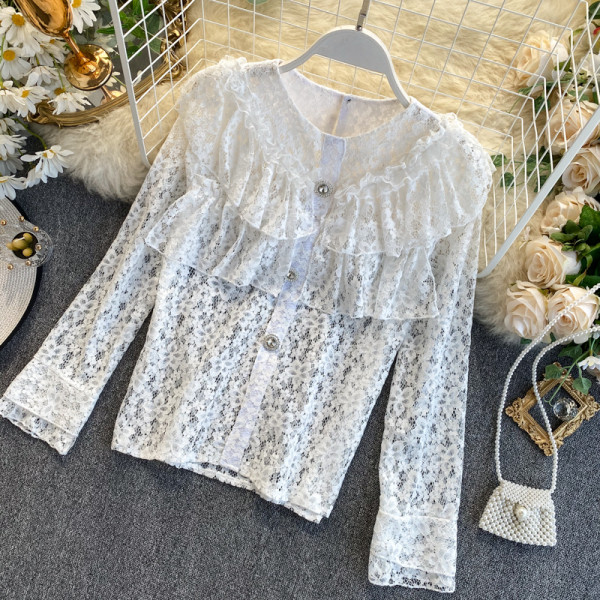 Cămașă de damă din dantelă în patru culori cu decolteu rotund și mâneci lungi