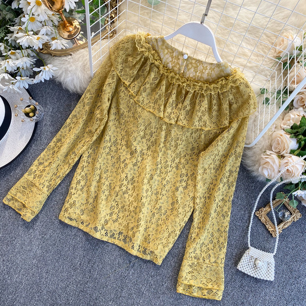 Cămașă de damă din dantelă în patru culori cu decolteu rotund și mâneci lungi