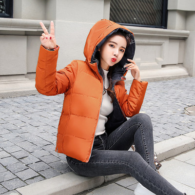 Női őszi kabát két arccal - rövid modellel és kapucnival piros, fekete, fehér és narancs színben