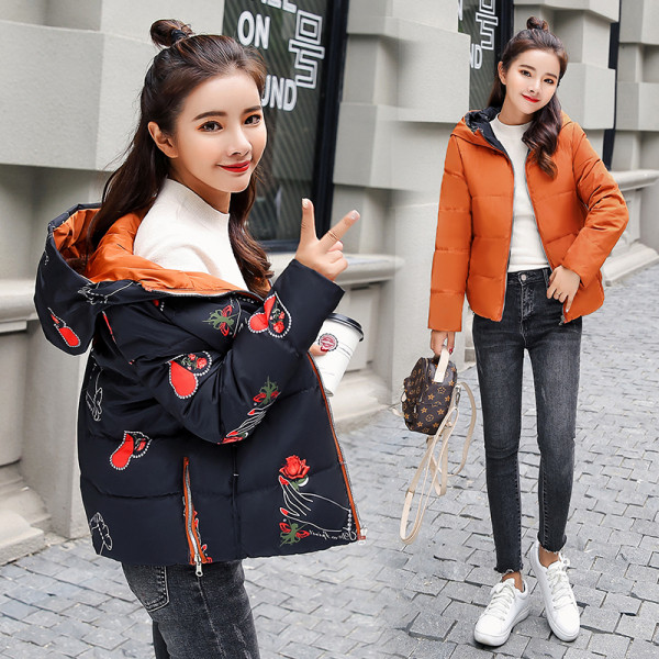 Női őszi kabát két arccal - rövid modellel és kapucnival piros, fekete, fehér és narancs színben