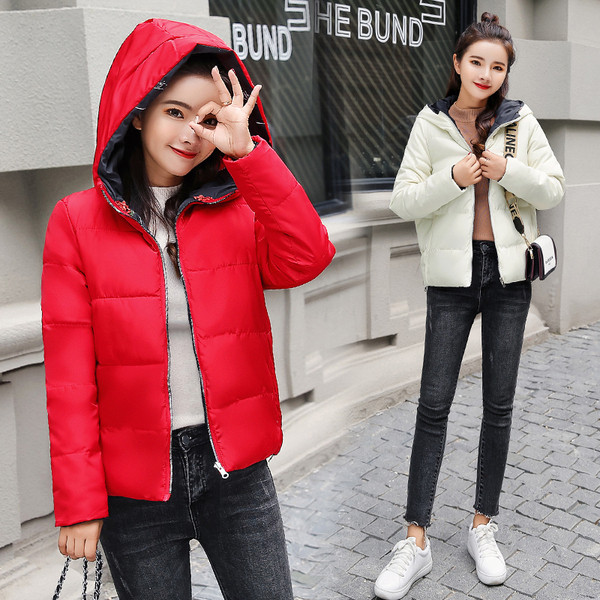 Női őszi kabát két arccal - rövid modellel és kapucnival piros, fekete, fehér és narancs színben